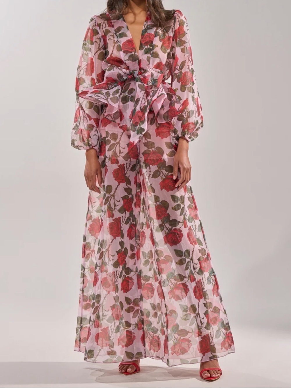 AKIRA Pink Maxi Dress with Red Rose Print and Tie Waist